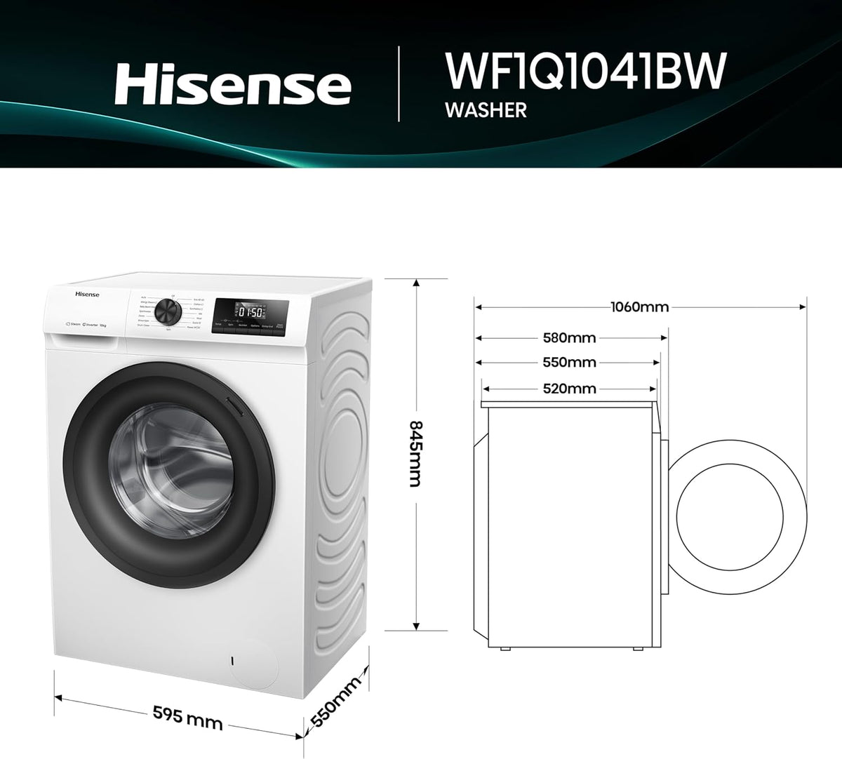 Hisense 1Q Series WF1Q1041BW Freestanding 10 KG Front Load Washing Durable Inverter Machine, Steam Wash, Quick Wash, 15 Washing Programs 1400 RPM White - Energy Rating A