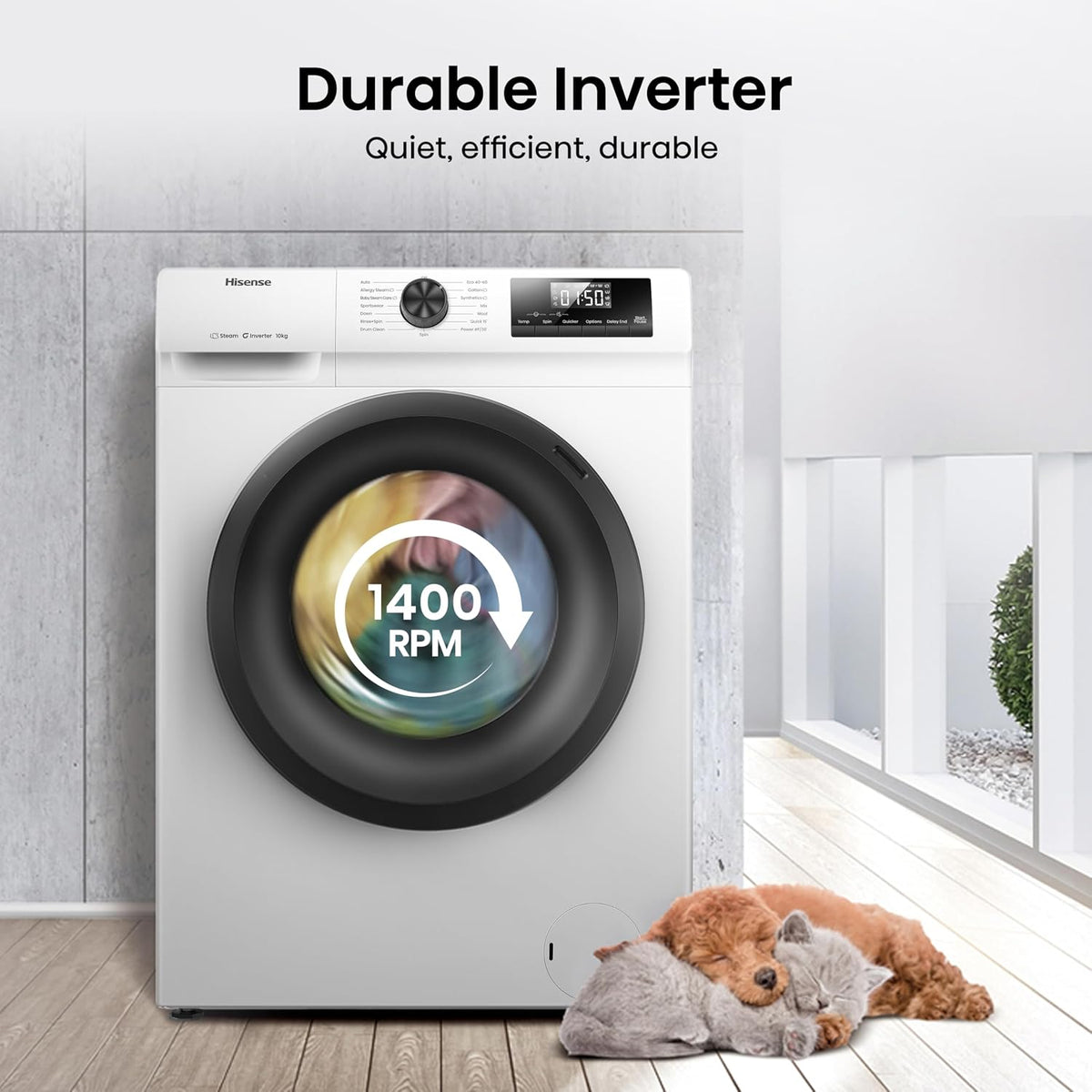 Hisense 1Q Series WF1Q1041BW Freestanding 10 KG Front Load Washing Durable Inverter Machine, Steam Wash, Quick Wash, 15 Washing Programs 1400 RPM White - Energy Rating A